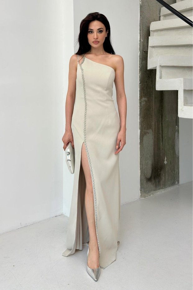 Stone One Shoulder Chain Detailed Fish Evening Dress