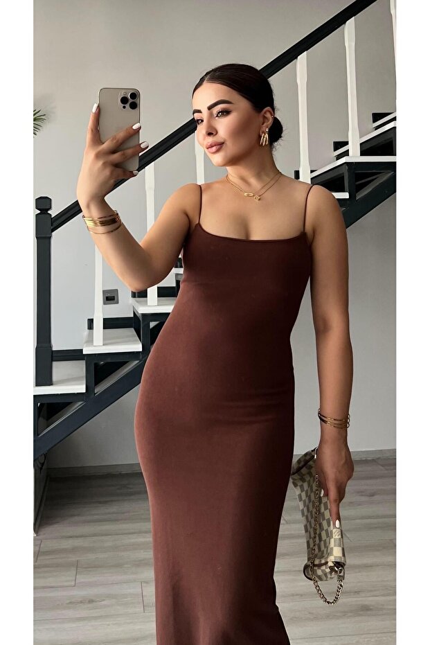 Acı Kahve Çelik Örme Askılı Elbise - 6
