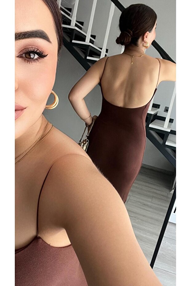Acı Kahve Çelik Örme Askılı Elbise - 8