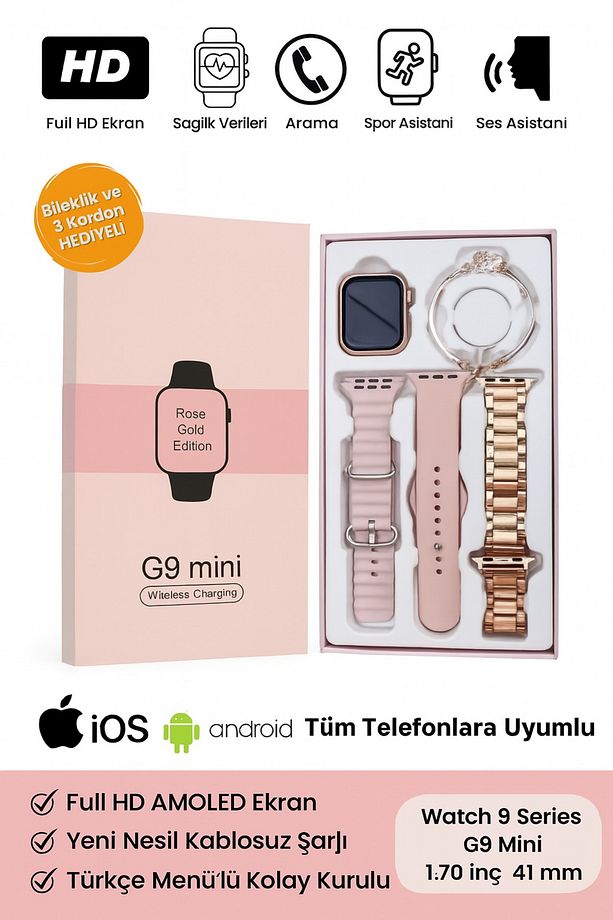 G9 Mini Akıllı Saat Seti – 3 Farklı Kordon + Bileklik Hediyeli İdeal Doğum Günü Hediye Seti - 1