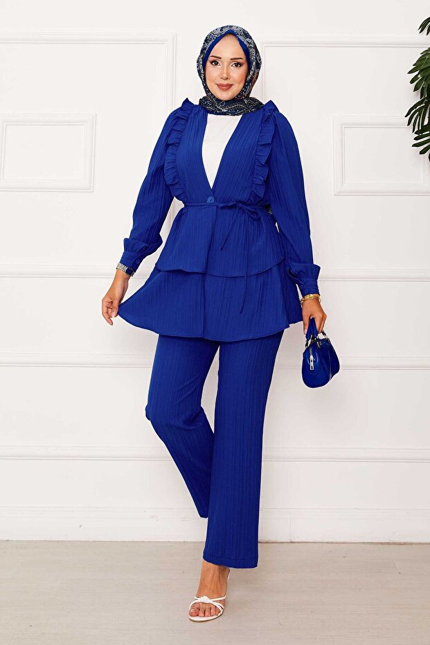 Double Set Cobalt Blue with Flared Ruffle Detail on the Skirt