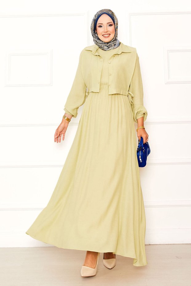 Bolero with Gathered Waist Hijab Dress Set Oil Green