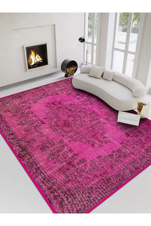 STOK SONU - Fuşya Dekoratif Taban Eskitme Desenli Salon Oturma Odası Halısı - 1