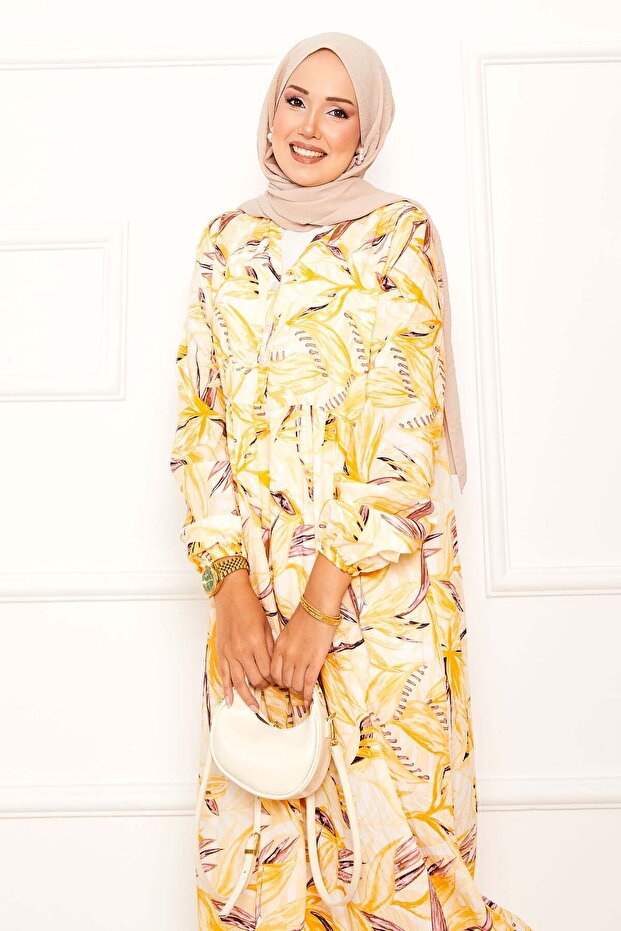 فستان مودال بنمط أوراق الشجر بنصف زر باللون الأصفر - 2