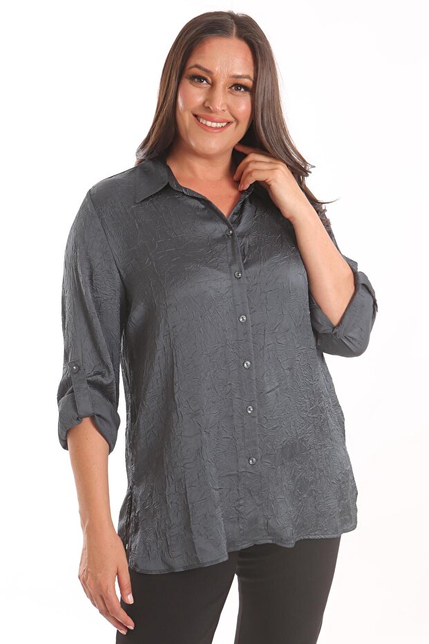 Trend42Plus Large Size Petrol Green Satin Shirt with Crashes