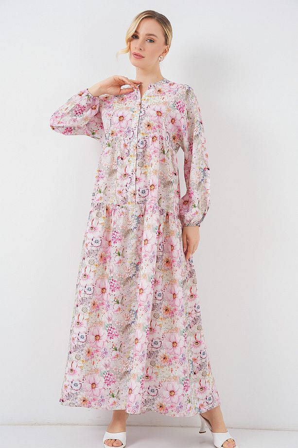 Kadın Desenli Tesettür Elbise 2583 - Pembe - 1