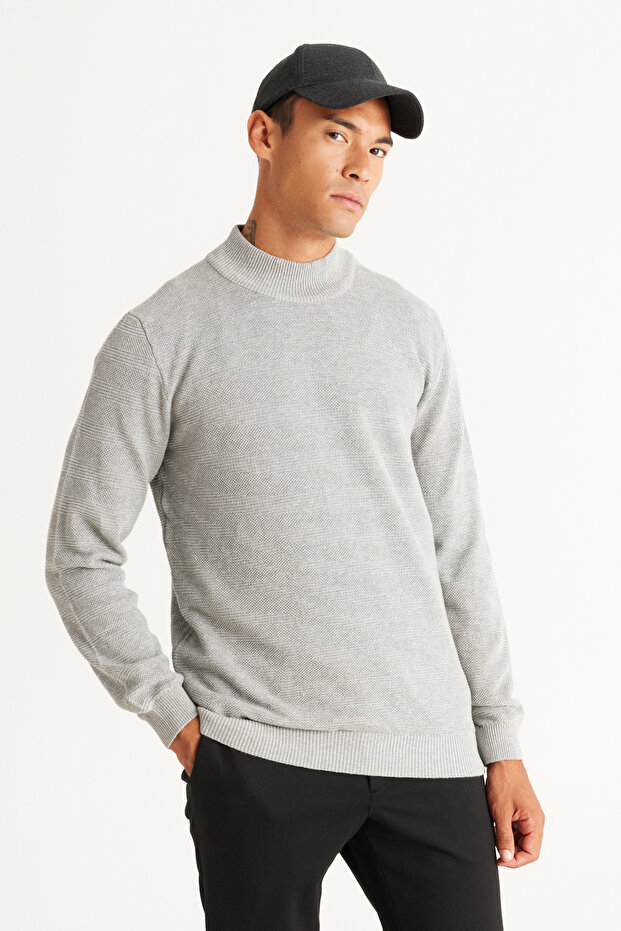 Men's Gray Melange Standard Fit Regular Cut Half Turtleneck Cotton Jacquard Knitwear Sweater