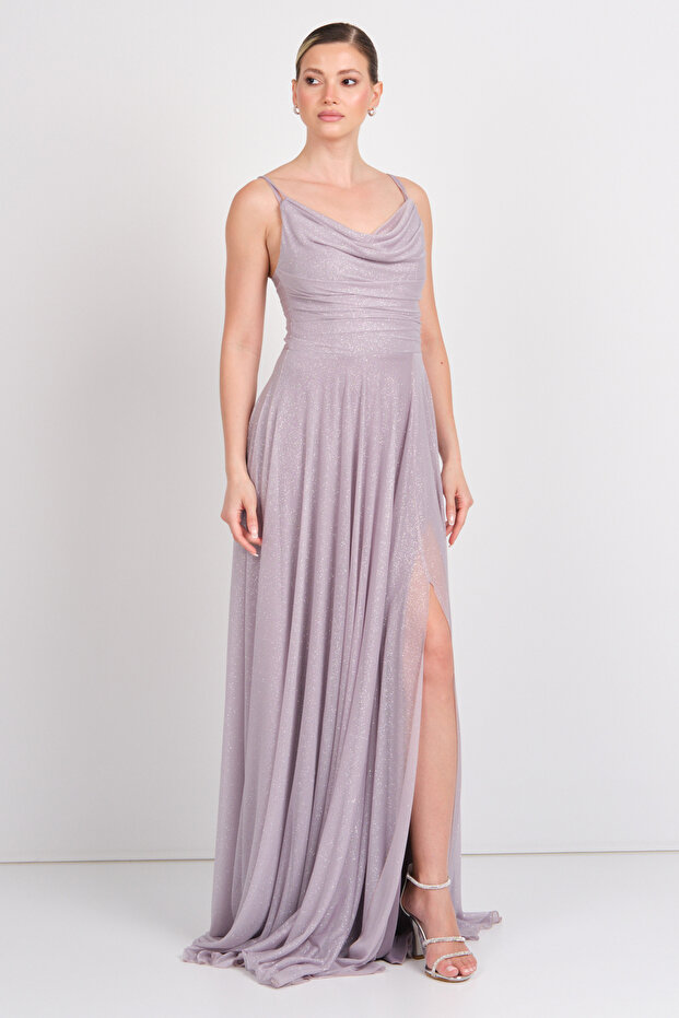 Women's Rope Strap Degaje Collar Maxi Evening Dress 6148 Mink