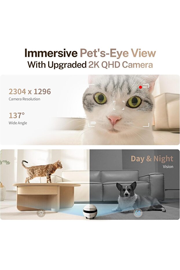 Mini 2K Robot Camera for Animals,with App, Touch Call, 2-Way Audio, IR Night Vision, Motion Detector - 4