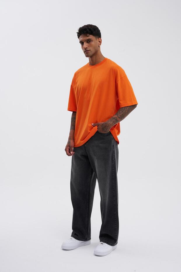 Erkek Basic Super Pamuklu Oversize Orange Tişört - 5
