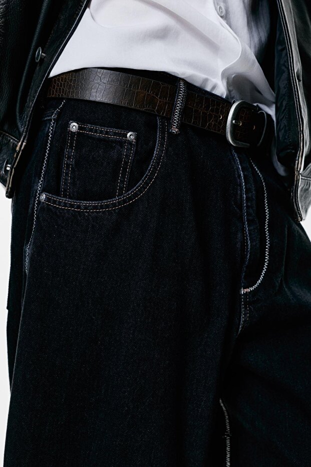 Siyah Kontrast Dikişli Skater Jean - 7