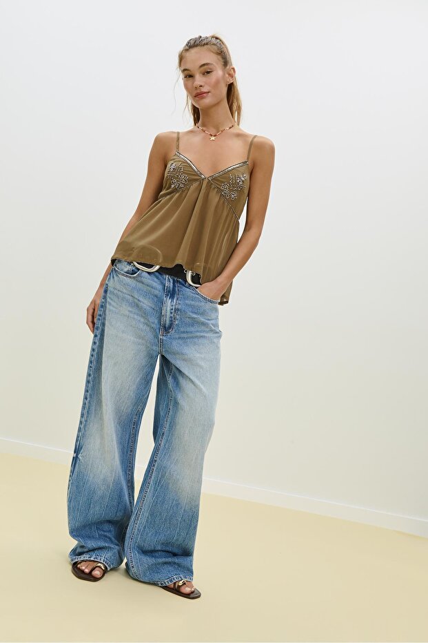 Dökümlü işlemeli boncuklu askılı üst - 2