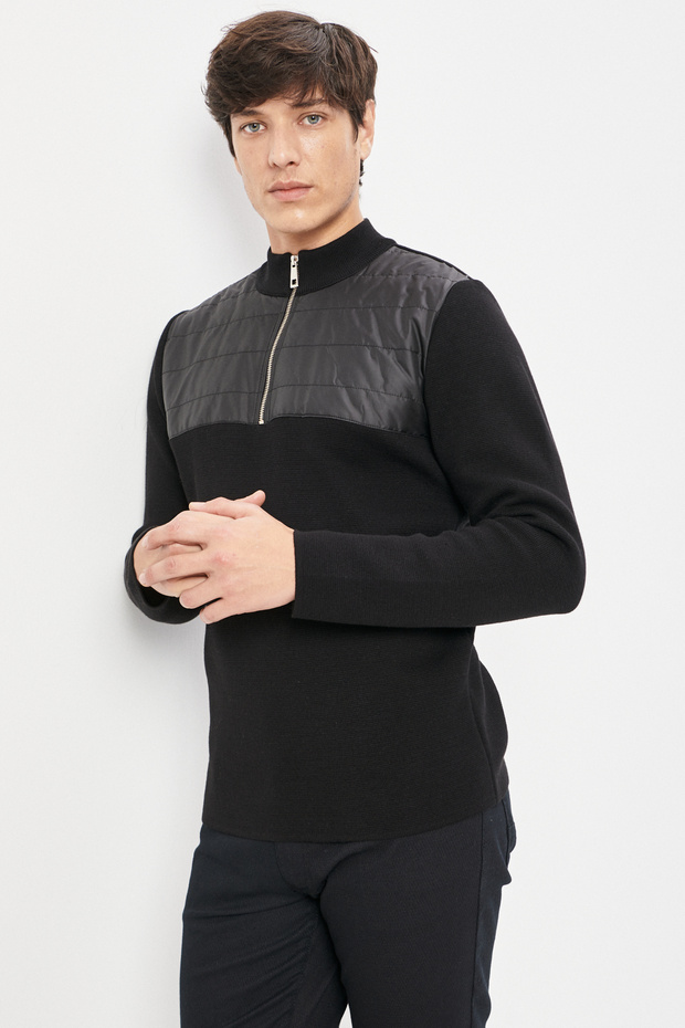 Men's Black Standard Fit Normal Cut High Bato Collar 100% Cotton Knitwear Sweater