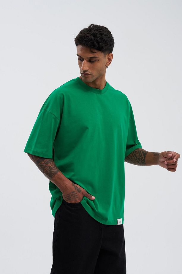 Erkek Basic Super Pamuklu Oversize Yeşil Tişört - 1