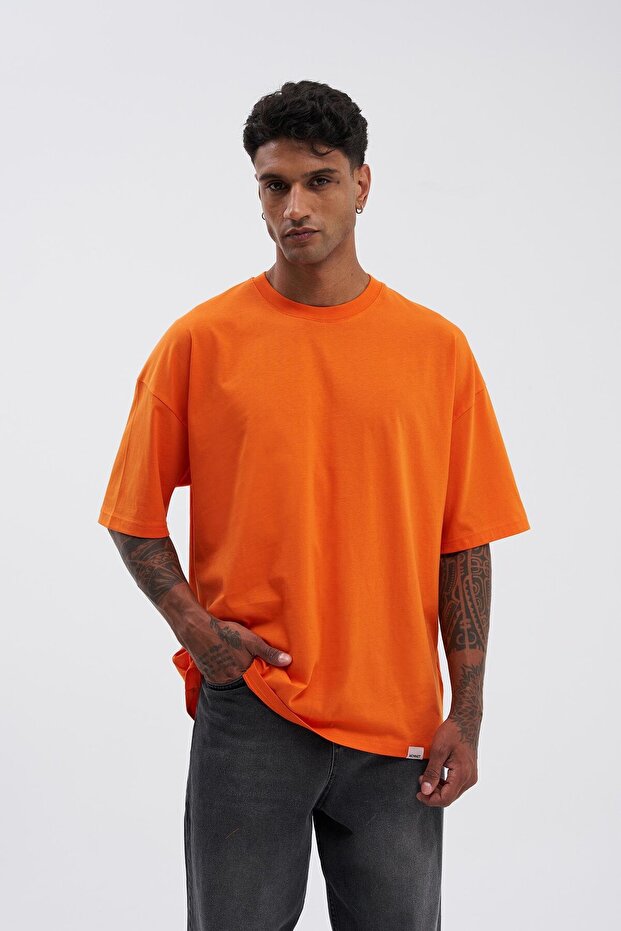 Erkek Basic Super Pamuklu Oversize Orange Tişört - 1