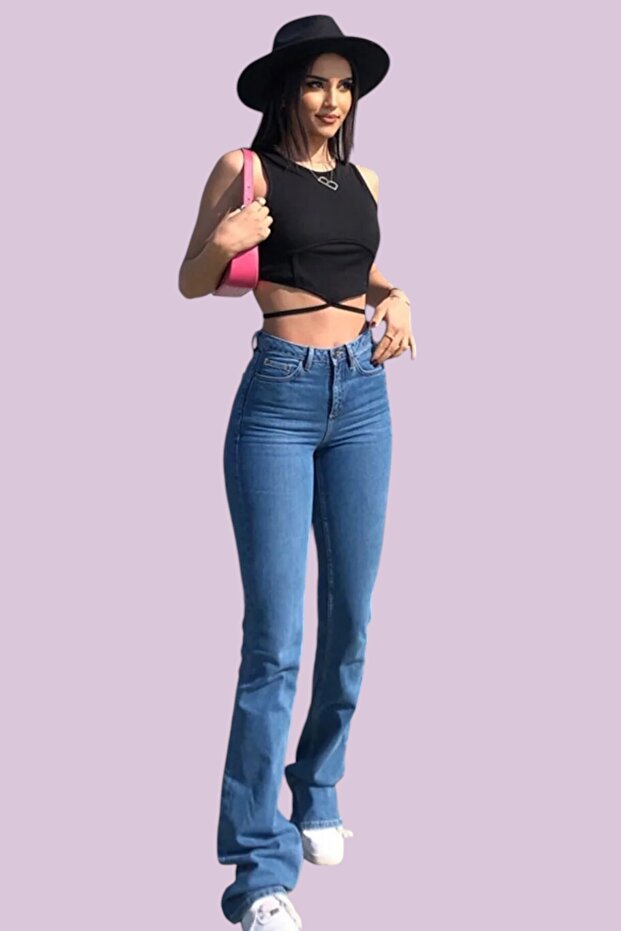 Liniare Medium Blue Spanish Leg High Waist Lycra Women's Jeans