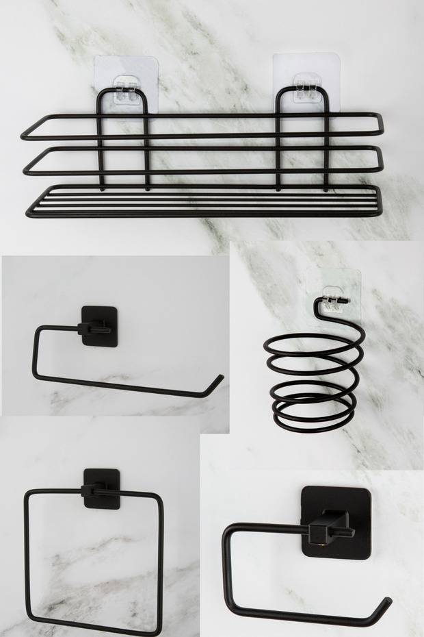 Black Bathroom Shower Shelf Square Towel Holder Outdoor Adhesive Toilet Paper Holder Solo Towel Holder Steamer Set of 5