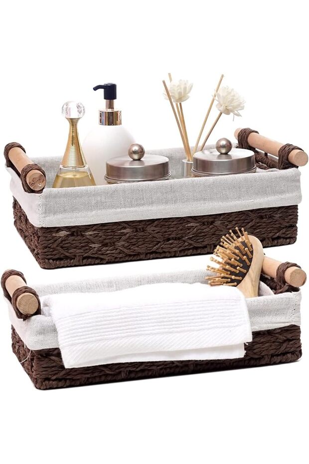 2-Pack Woven Storage Baskets Rectangular Fabric with Washable Liner Paper Rope Woven Design