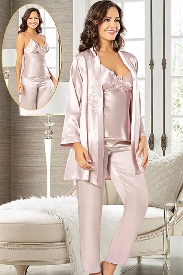2103 Women's Powder Satin Pajama Set with Dressing Gown