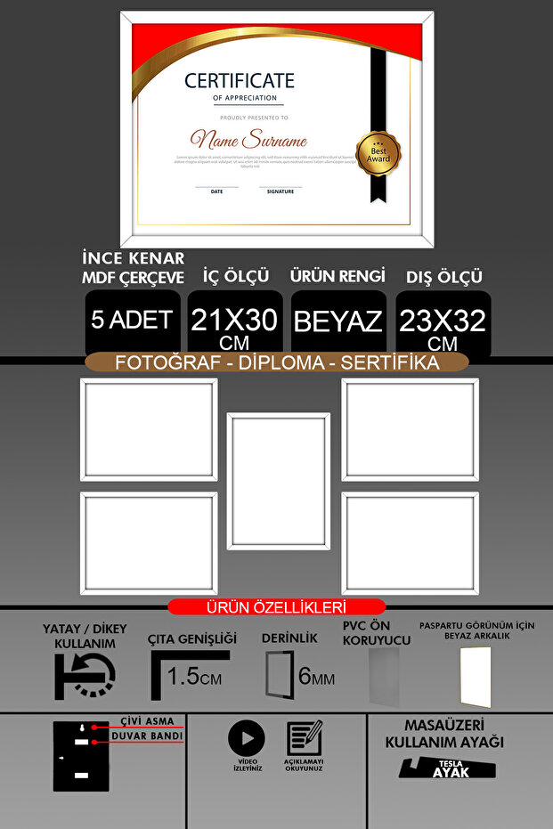5 قطع إطار 21x30 - إطار A4 ذو شرائح رفيعة - إطار أبيض - إطار شهادة الصور