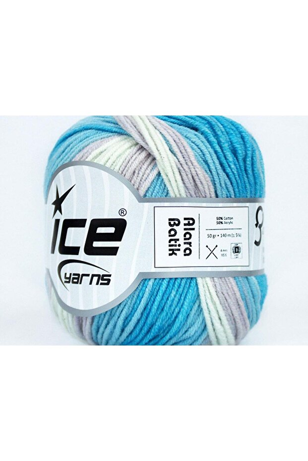 8X50Gr. Alara Batik Cotton, Acrylic Grey, Blue Tones Summer Yarns, Cotton