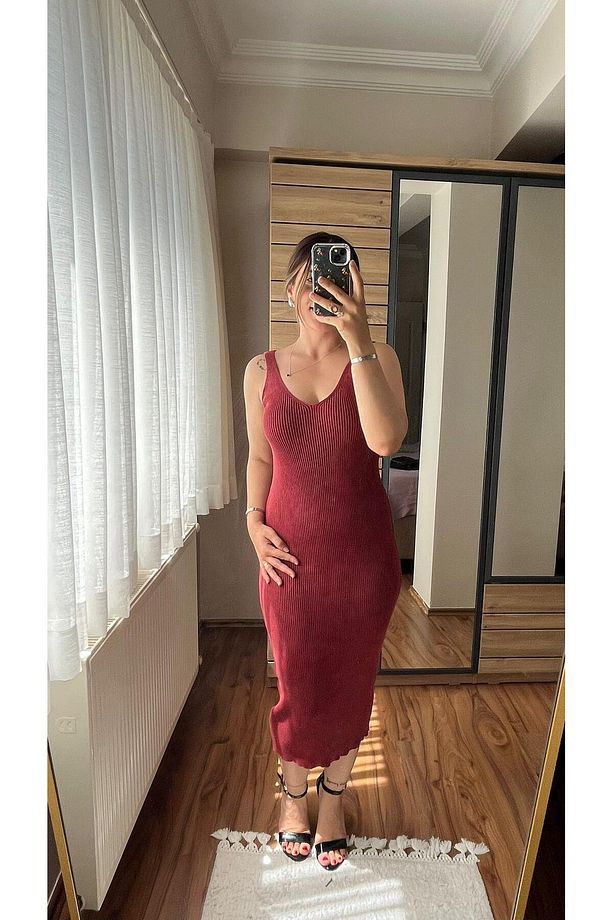 Bordo Renk Yıkamalı Triko Elbise - 2