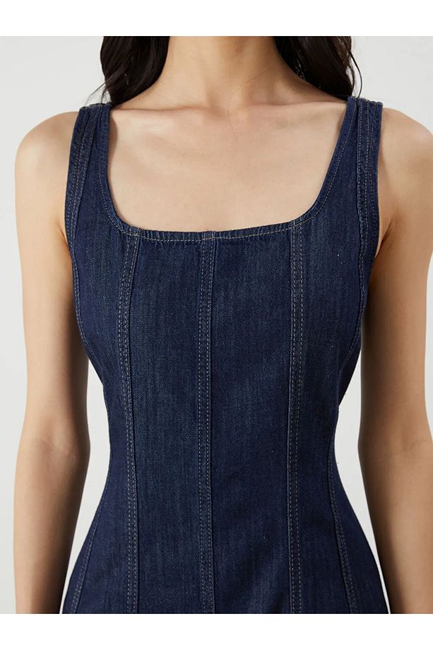 LCW Vision Indigo Kare Yaka Mini Jean Elbise - 3