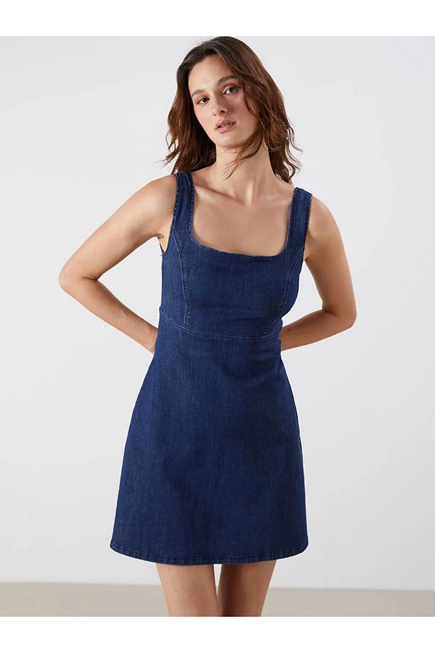 LCW Vision Indigo Kare Yaka Mini Jean Elbise - 2