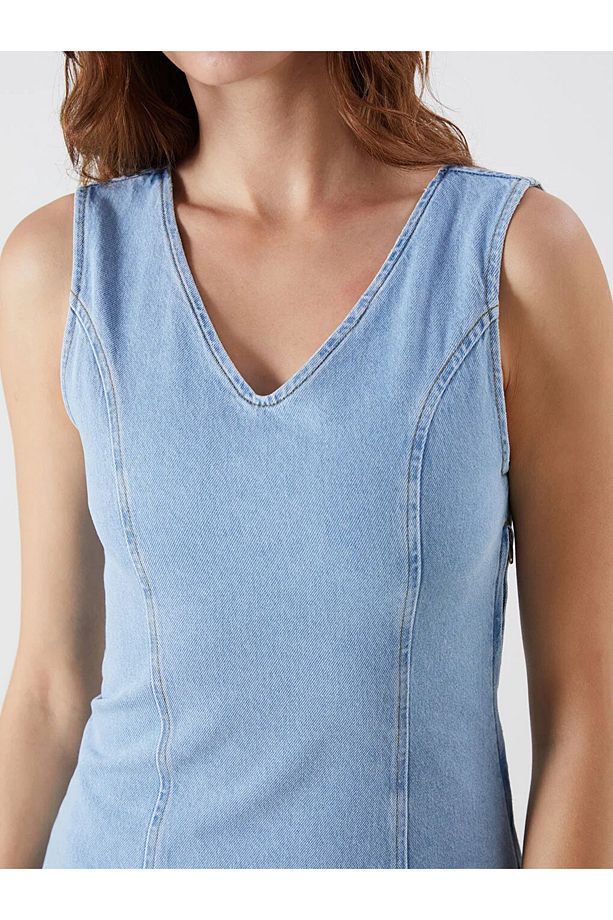 LCW Vision Indigo V Yaka Belden Oturtmalı Mini Jean Elbise - 3