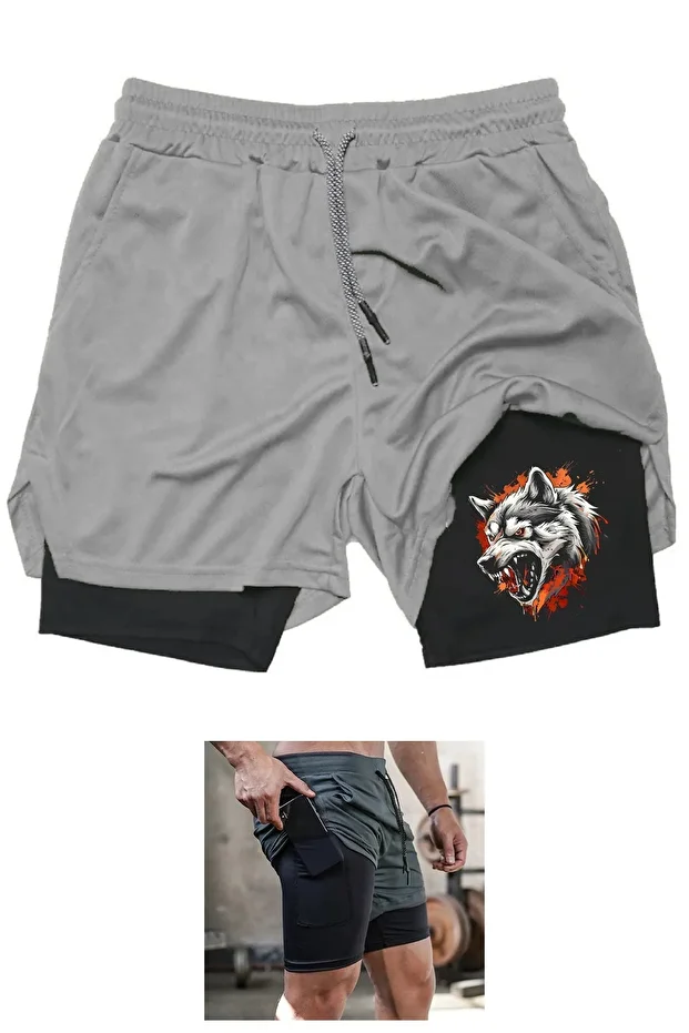Taytlı Sporcu Şortu Kurt Baskılı Spor Şort Wolf - 1