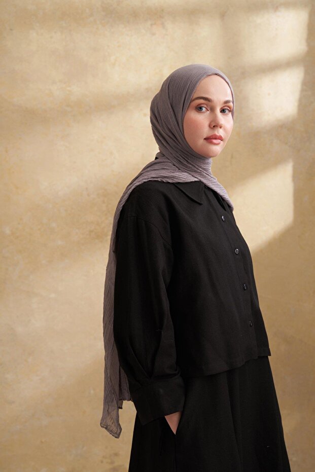 Muslin Leaf Pattern Shal - Dark Gray - 1