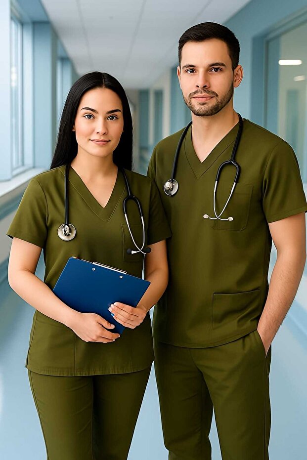 Khaki Unisex Bat Sleeve Nurse and Doctor Uniform Set Scrubs