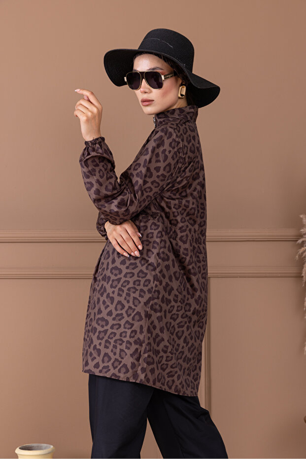 Leopard Patterned Hijab and Bag Gift Elastic Waist Shawl Patterned Zippered Hijab Swimsuit - 7