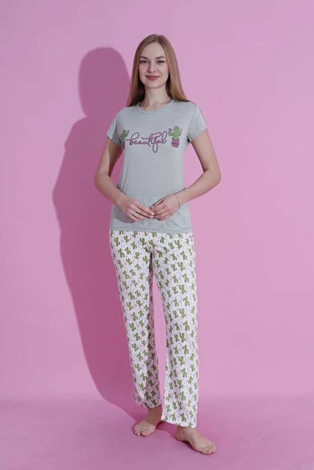 Mlale Beaitiful Patterned Suprem Fabric Short Sleeve Pajamas Set 3445-Y