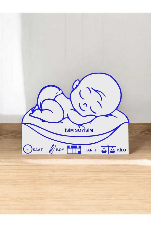 İsme Özel 3D Bebek Hatırası – Doğum Tarihli Dekoratif Masa Süsü (Mavi) - 1