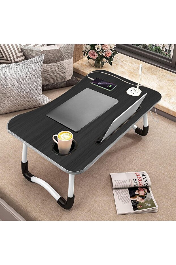 Portable Folding Laptop Desk with USB Ports, Cup Holder & Adjustable Legs – 60x40x28cm, Cream