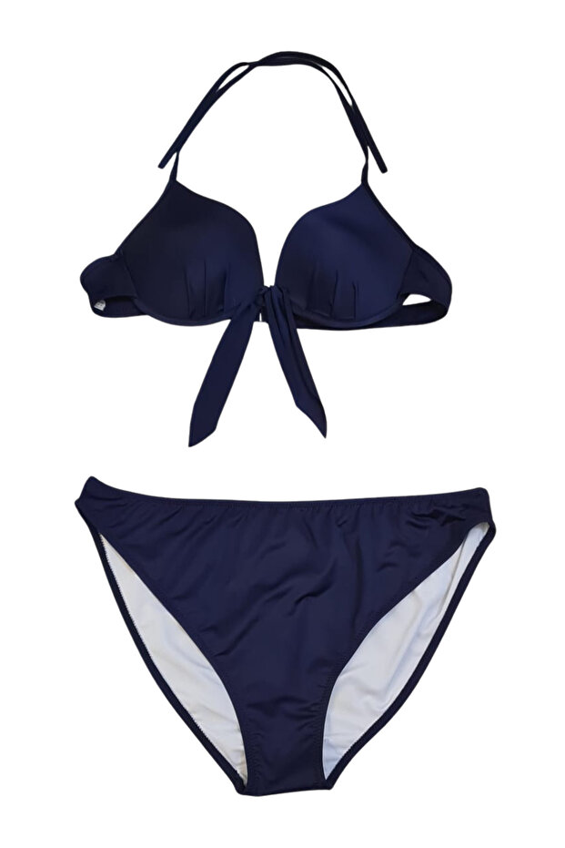 Light Navy Blue Brazilian Bow Detail Padded Support Push-Up Bikini Set