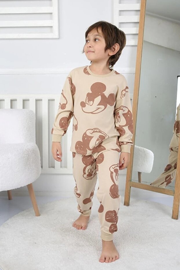 Isob Beige Mickey Mause Patterned 100% Cotton Boys Pajamas Set 3-8 Years 31233-B