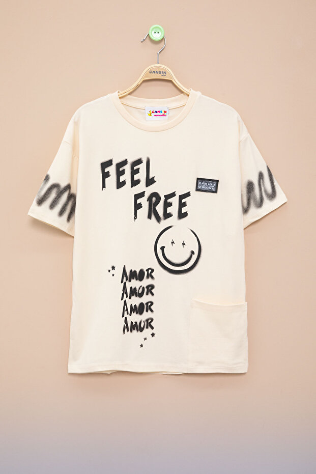 Cream Pocket Detailed Text Printed Boys' Crew Neck T-Shirt 20907