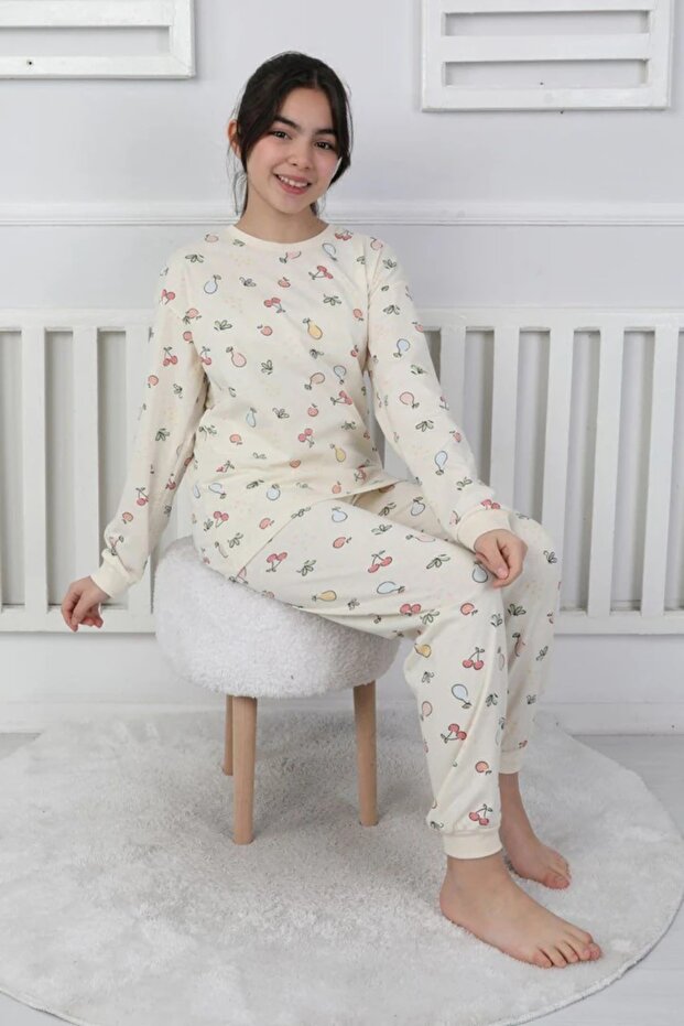 Isob Ecru Fruit Patterned 100% Cotton Girls Pajama Set 3-13 Years 41407-51210-E