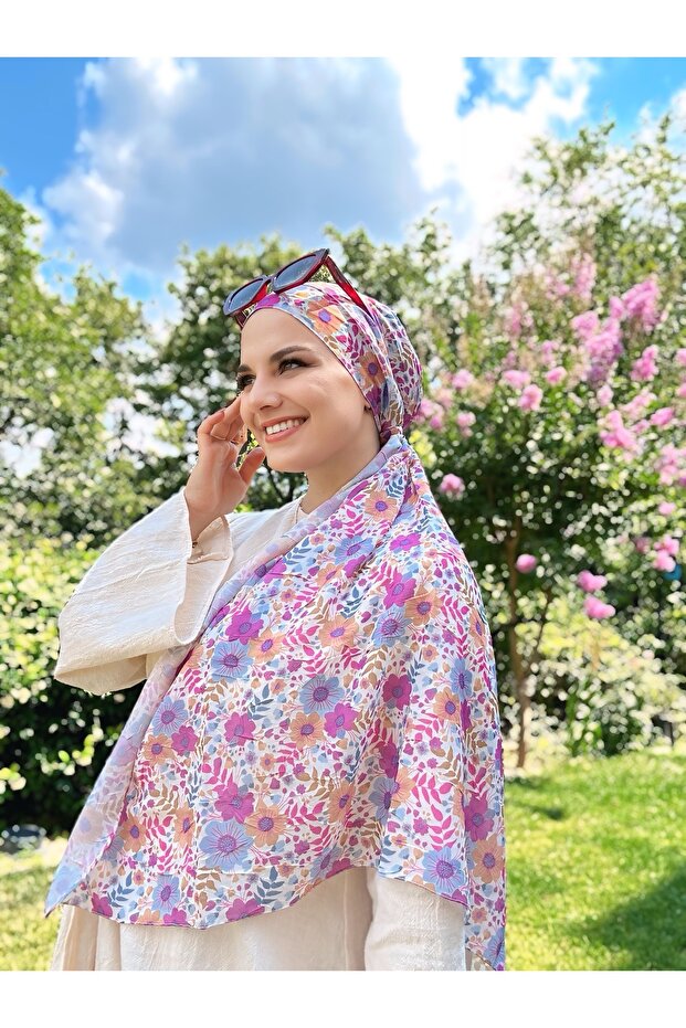Flora Pattern Bamboo Scarf - Blue - Salmon - 3