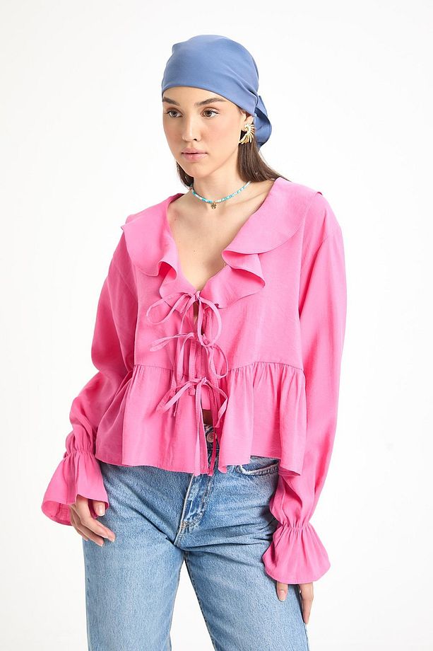 Pembe %100 Modal Fırfır Detaylı Önden Bağlamalı Bluz 29255 - 4