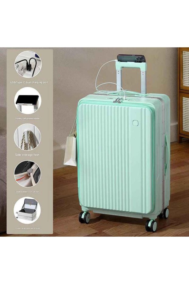 Smart 20" Cabin Luggage with USB Charging, Phone Holder & 360° Wheels – Lightweight Travel Suitcase