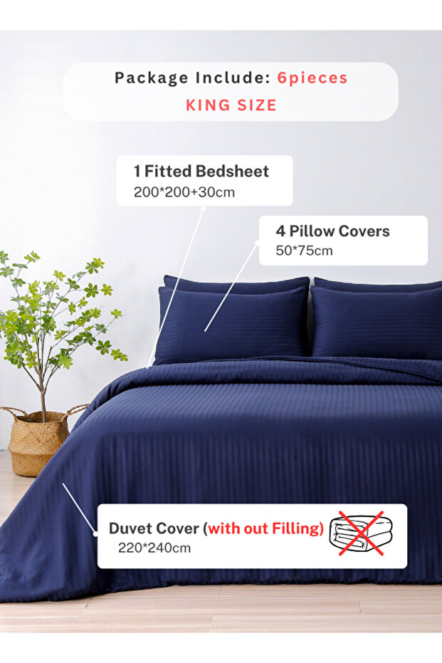 Luxury King Size 6Piece Bedding Set Without Filling Dark Blue Satin Striped Design