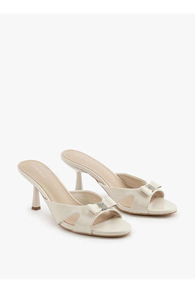 Embellished Bow Slip-On Sandals with Flared Heel