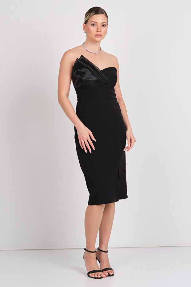 Women's Strapless Slit Midi Evening Dress 1864 Black