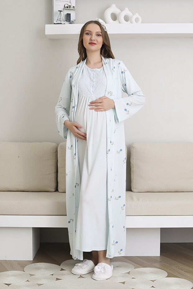 Postpartum Long Nightgown and Robe Maternity Set 6-Button Nursing and Suitable for Modest Wear