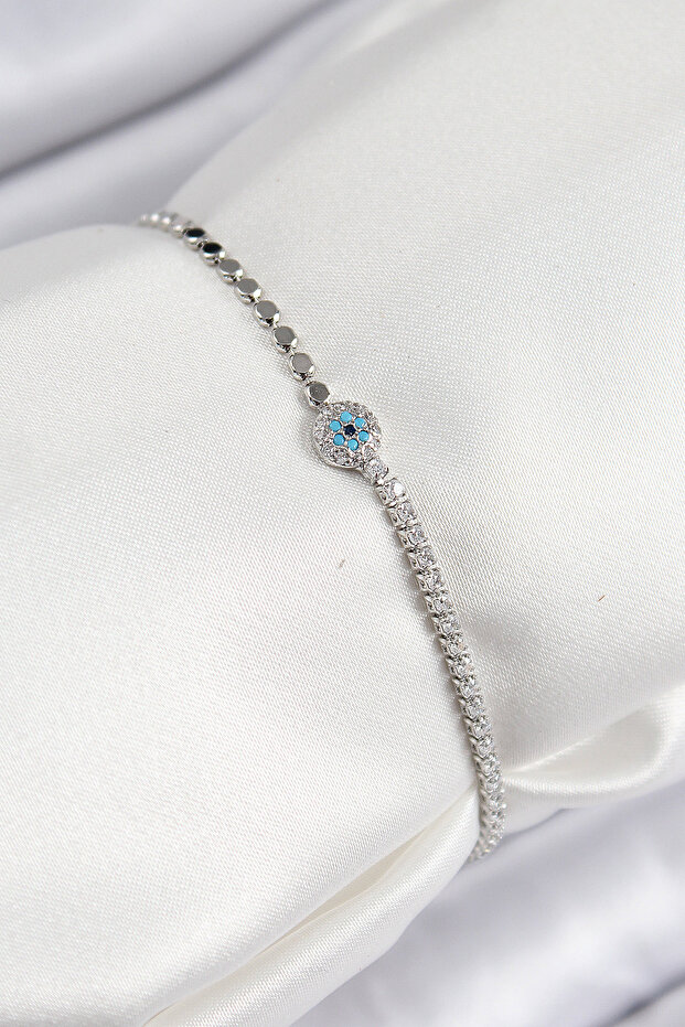 Brass Zircon Stone Evil Eye Model Crushed Chain Silver Color Women's Bracelet