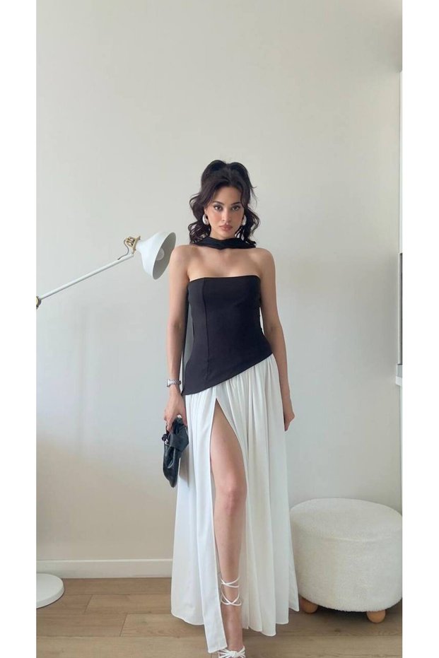 Women's Black Shawl Midi Slit Dress