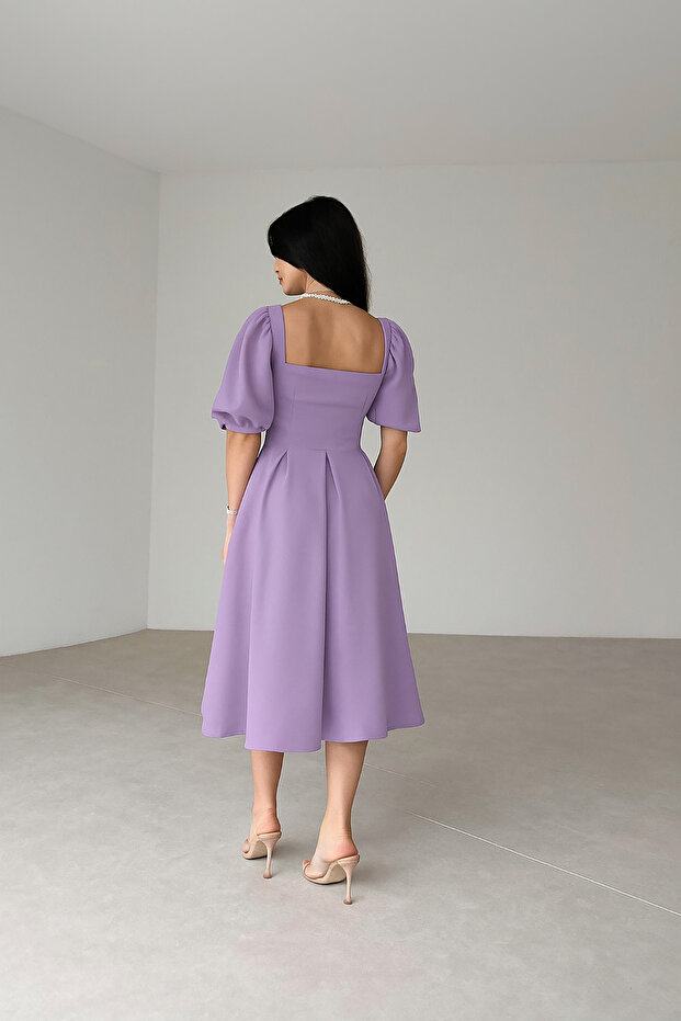 Lila Krep Kumaş Balon Kol Pileli Kare Yaka Midi Boy Elbise - 2